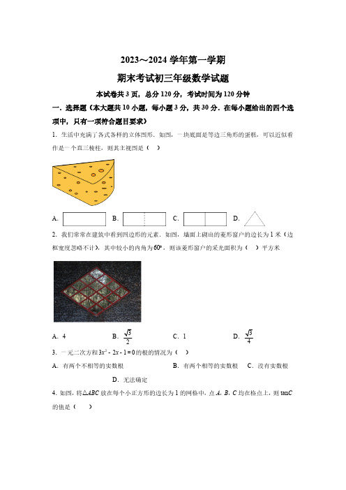 陕西省西安市交通大学附属中学2023-2024学年九年级上学期期末数学试题(含解析)