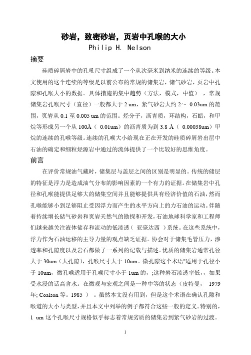 砂岩、致密砂岩及页岩中孔喉大小的研究