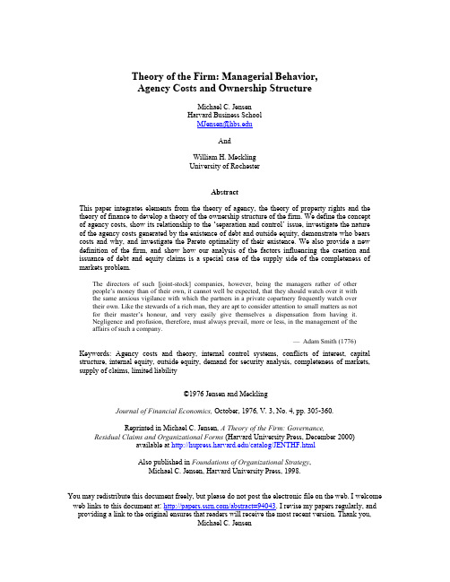 Theory of the Firm  Managerial Behavior,Agency Costs and Ownership Structure