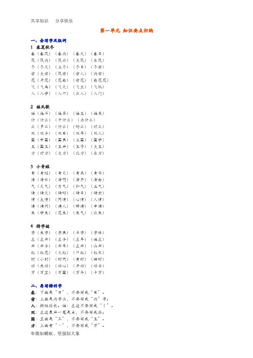 部编本一年级下册语文1——8单元知识点小结(全)