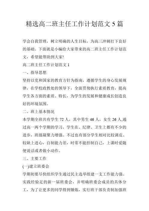 精选高二班主任工作计划范文5篇