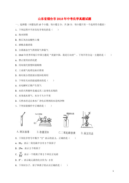 山东省烟台市2018年中考化学真题试题含解析 精