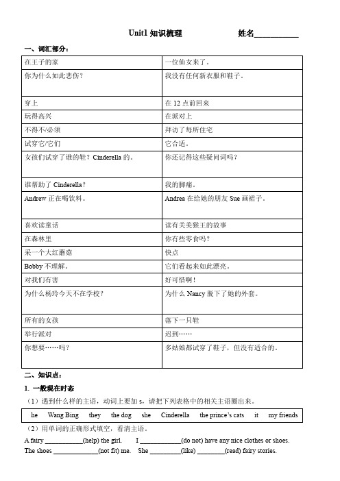 五年级下册英语单元知识梳理-Unit 1 Cinderella 译林三起(word版,无答案)