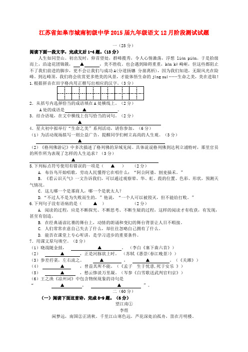 江苏省如皋市城南初级中学九年级语文12月阶段测试试题 新人教版