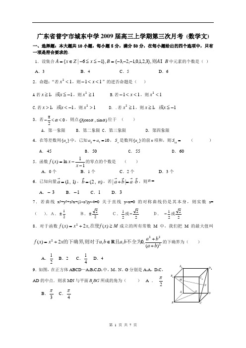 广东省普宁市城东中学2009届高三上学期第三次月考(数学文)