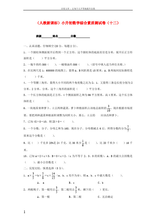 六年级数学小升初综合素质测试卷十二无答案人教新课标版