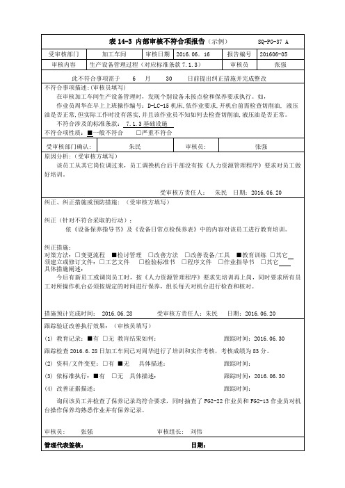 内部审核不符合项报告(示例)