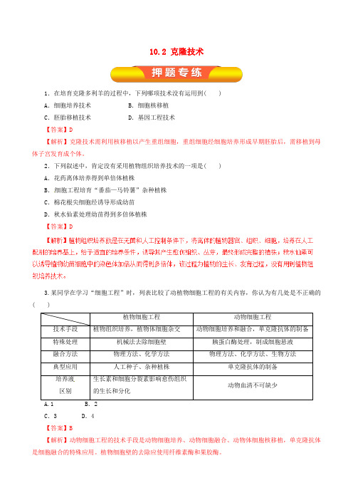 高考生物一轮复习专题10.2克隆技术押题专练(含解析)