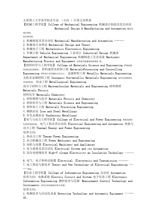 理工大学各学院及专业(方向)中英文对照表