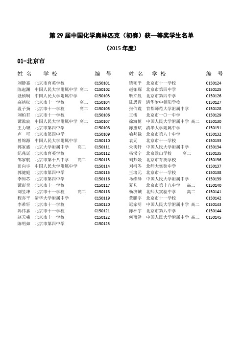 C01=第29届中国化学奥林匹克初赛一等奖名单  北京