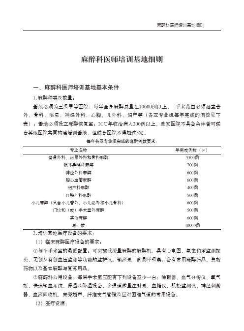 麻醉科医师培训基地细则 - 专科医师规范化培训
