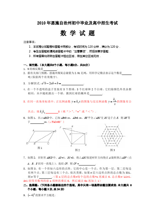 2010年恩施自治州初中毕业及高中招生考试