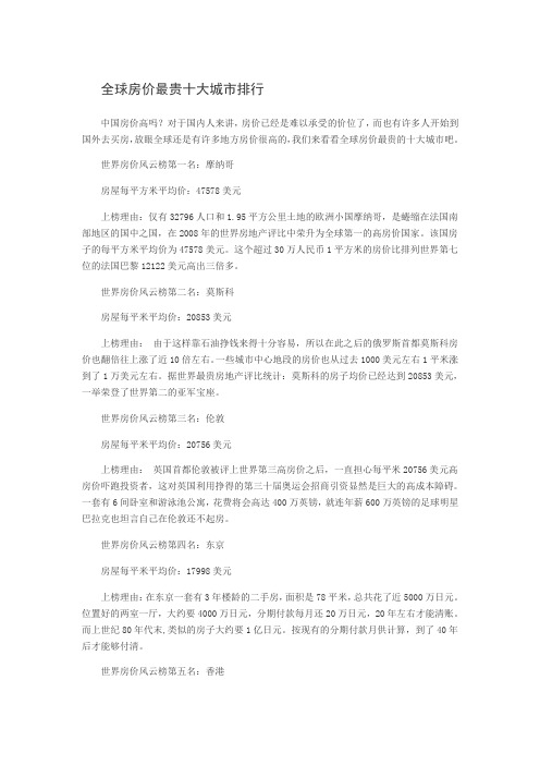 全球房价最贵十大城市排行