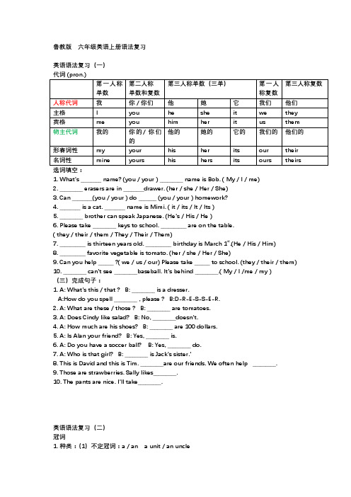 鲁教版 六年级英语上册语法复习