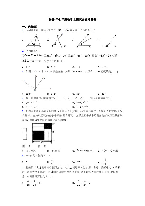 2019年七年级数学上期末试题及答案