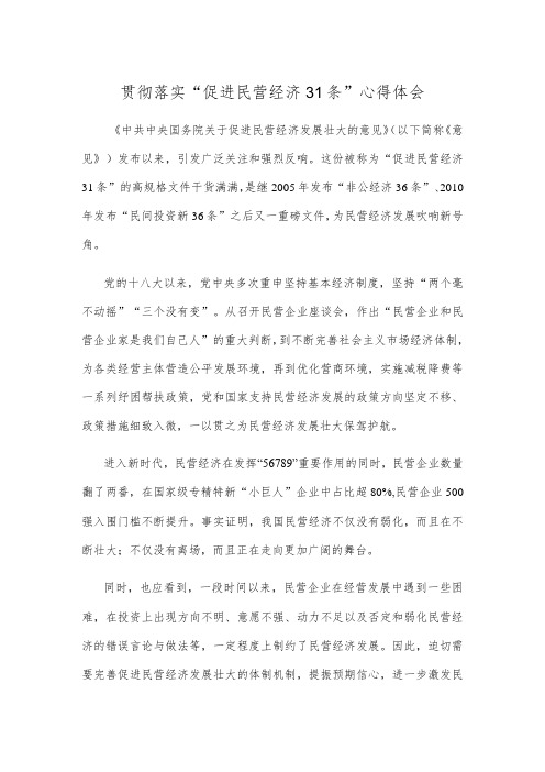 贯彻落实“促进民营经济31条”心得体会