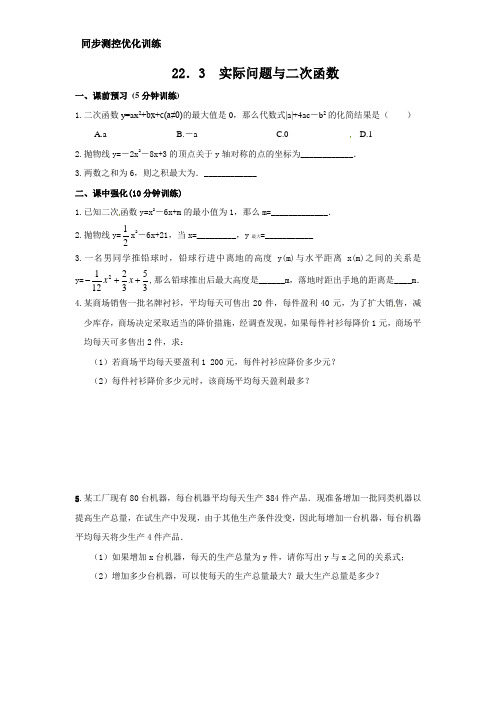 人教版初三数学上册22.3实际问题与二次函数----同步测控优化训练(含答案).3-实际问题与二次函数----同步