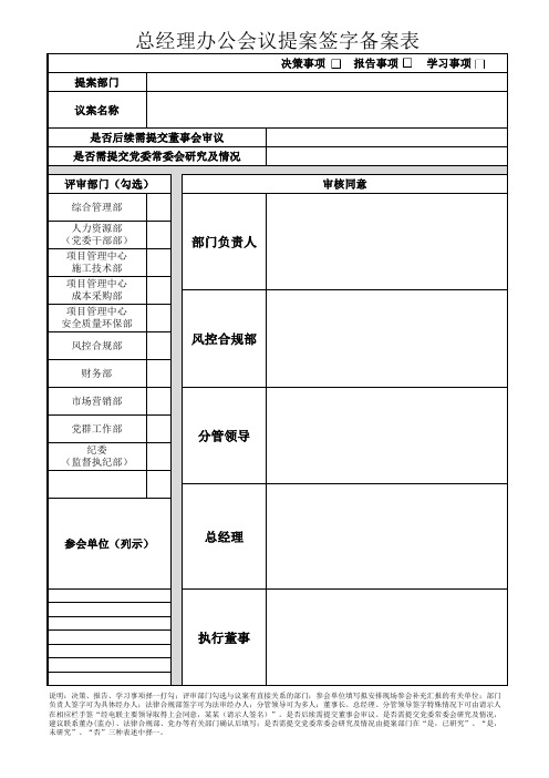 总经理办公会议提案签字备案表
