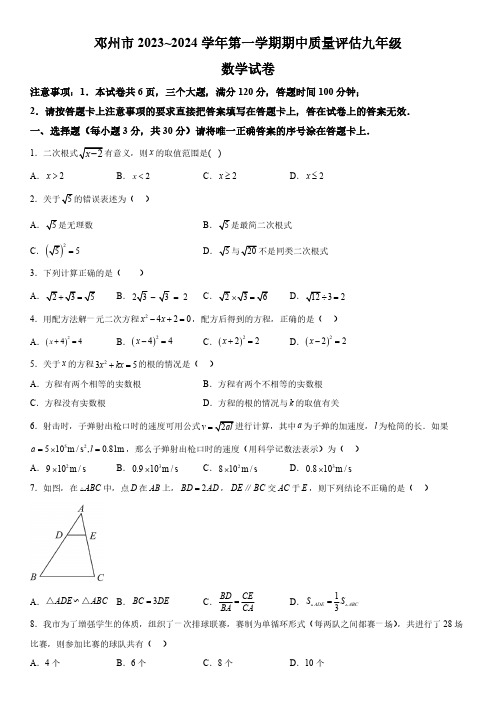 河南省南阳市邓州市2023-2024学年九年级上册期中数学试题(含解析)