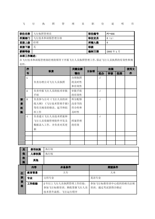 物流公司飞行执照管理员职位说明书及关键绩效标准