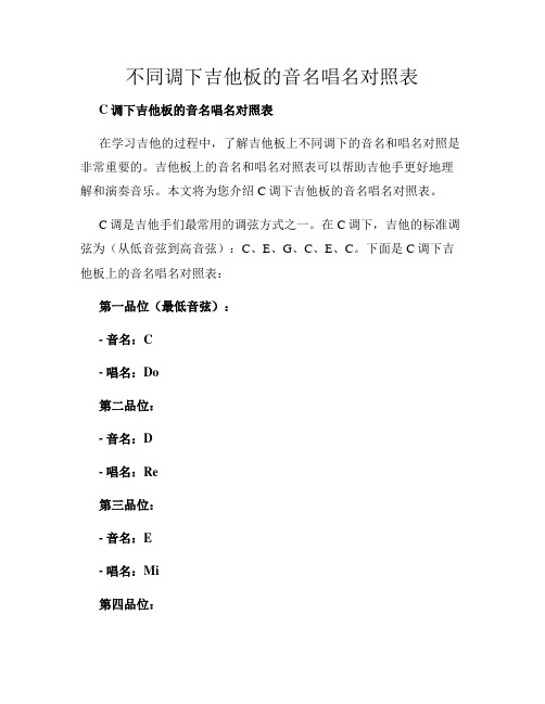 不同调下吉他板的音名唱名对照表