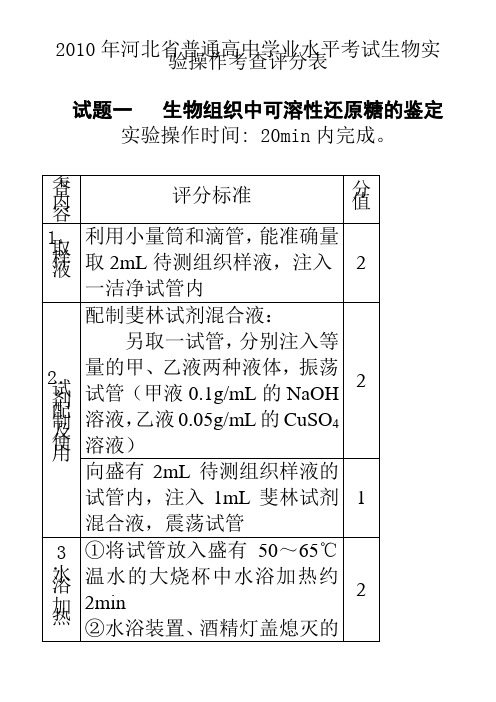 2010年河北省普通高中学业水平考试生物实验操作考查评分表