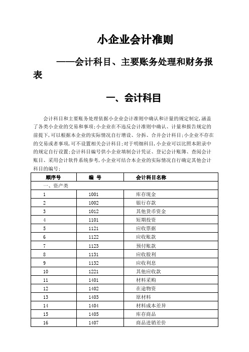 小企业会计准则会计科目表及主要账务处理