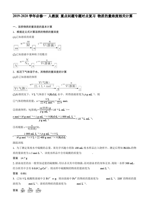 高中化学必修一人教版第一章重点问题专题对点复习物质的量浓度相关计算