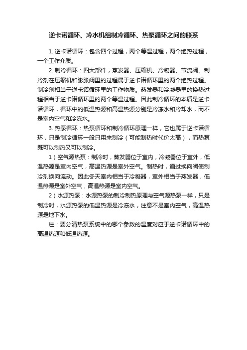 逆卡诺循环、冷水机组制冷循环、热泵循环之间的联系
