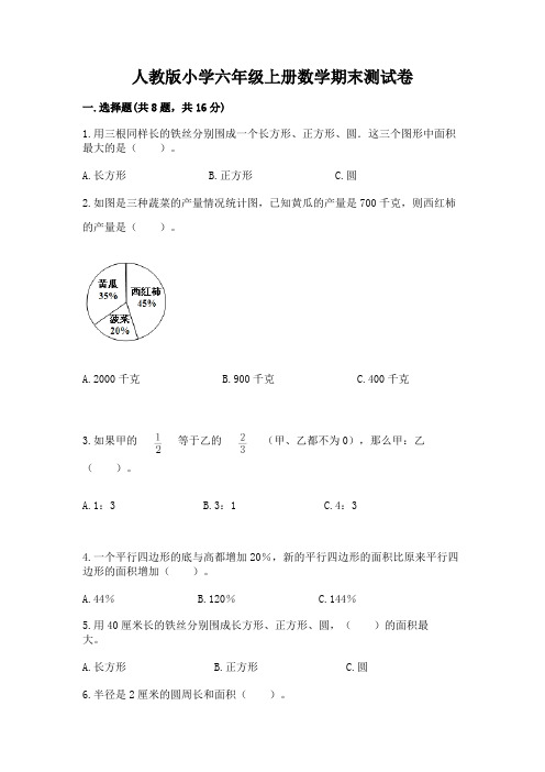 人教版小学六年级上册数学期末测试卷含完整答案(精选题)