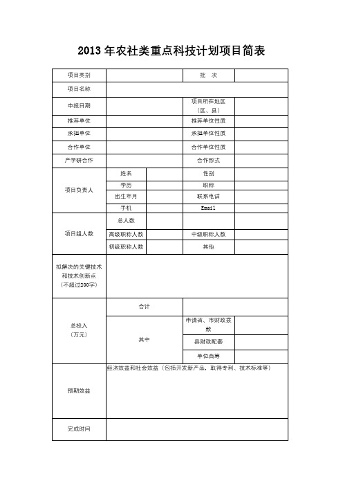 2013年农社类重点科技计划项目简表【模板】