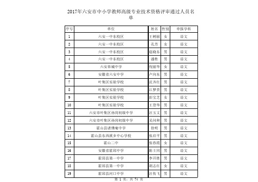 六安市2017年度中小学教师高级专业技术资格评审名单