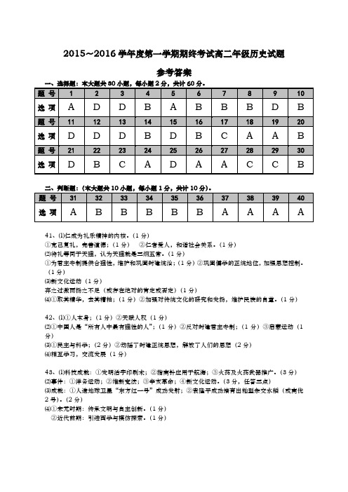 2015～2016学年度第一学期期终考试高二年级历史试题