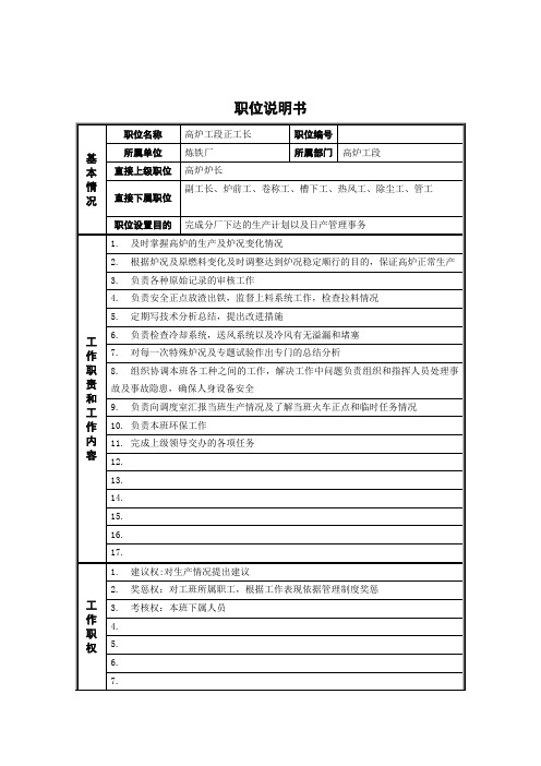高炉工段正工长岗位说明书