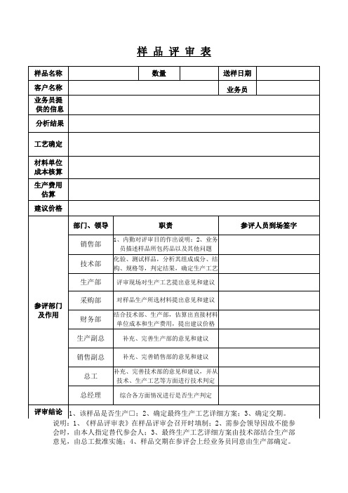 样 品 评 审 表