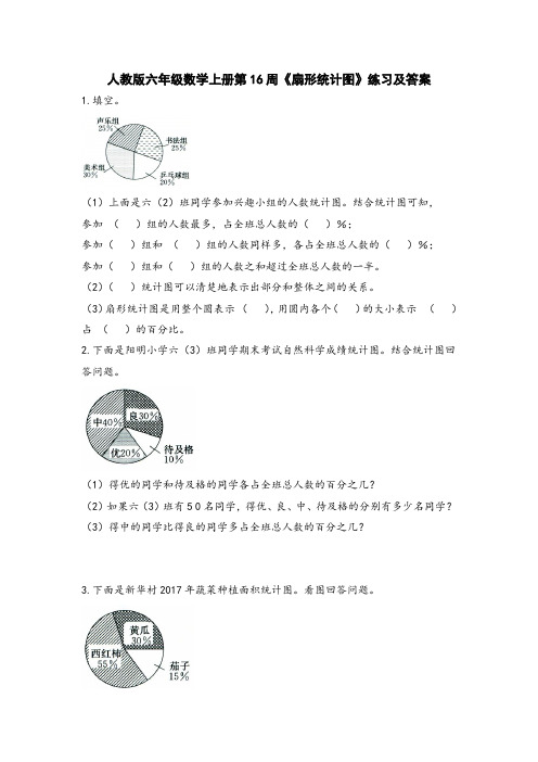 人教版六年级数学上册第16周《扇形统计图》练习及答案