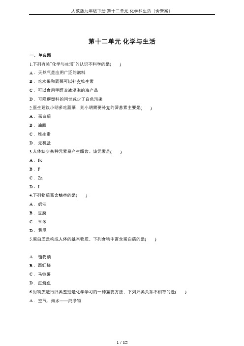 人教版九年级下册 第十二单元 化学和生活(含答案)
