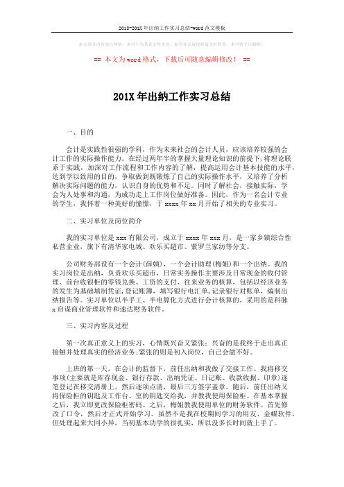 2018-201X年出纳工作实习总结-word范文模板 (3页)