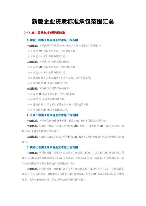 新版企业资质标准承包范围汇总