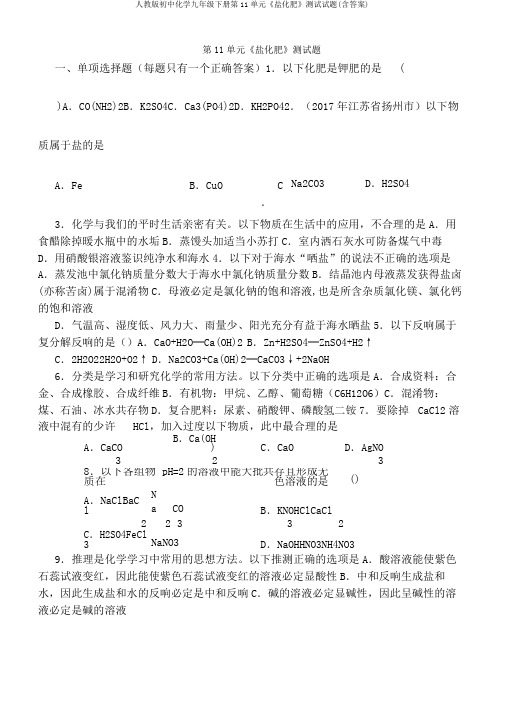 人教版初中化学九年级下册第11单元《盐化肥》测试试题(含答案)