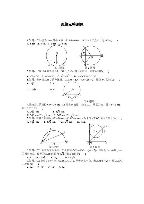 人教版初中数学九年级上册第二十四章《圆》 单元检测题  (含答案)