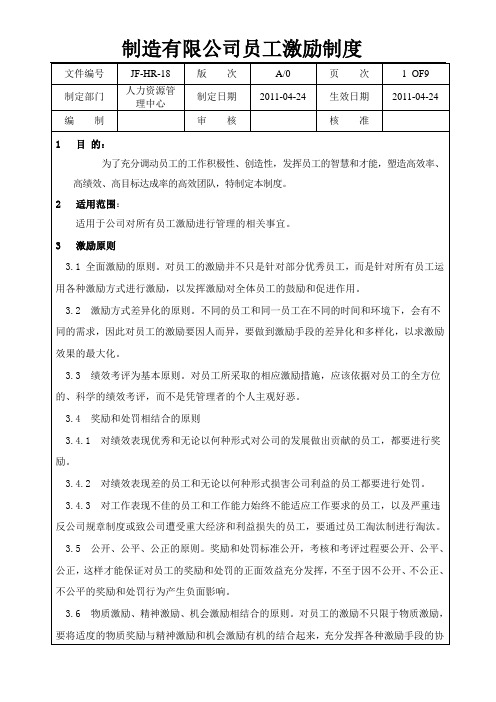 某某制造公司员工激励管理制度