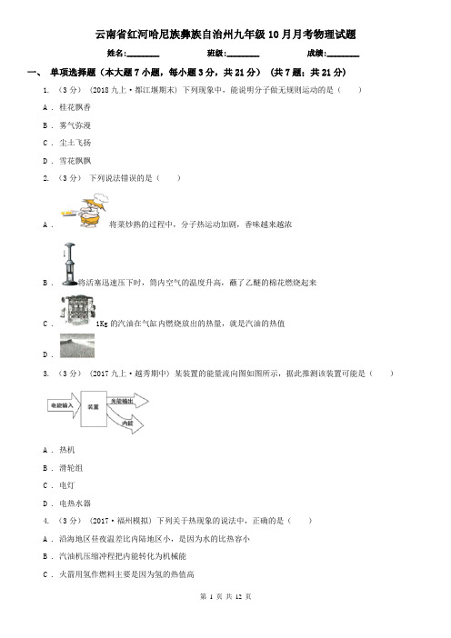 云南省红河哈尼族彝族自治州九年级10月月考物理试题