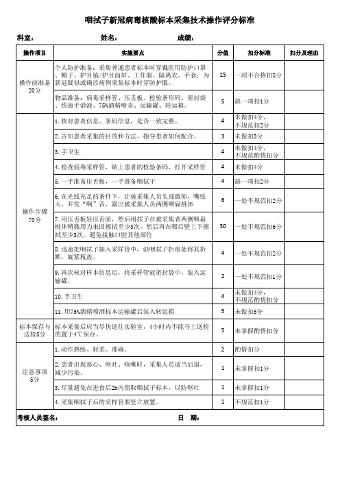 咽拭子新冠病毒核酸标本采集技术操作评分标准