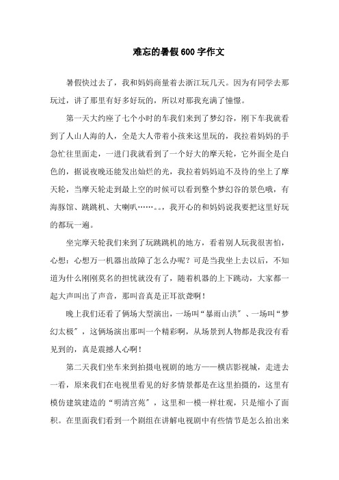 中小学难忘的暑假600字作文