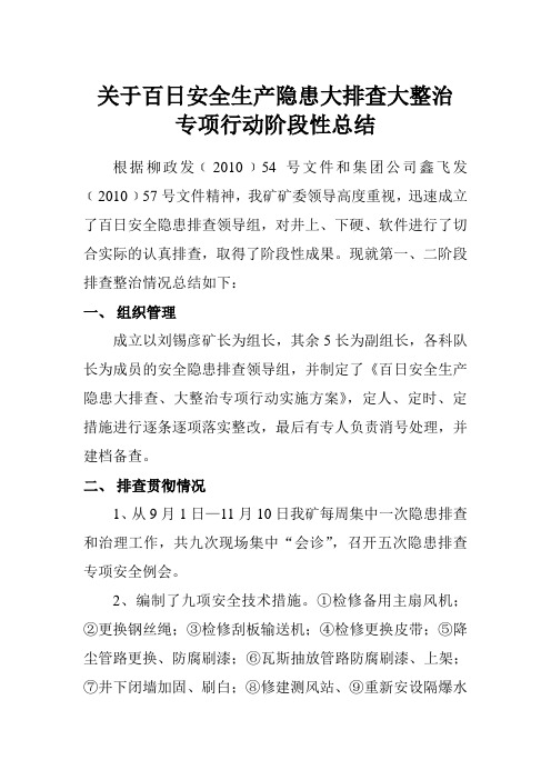 关于百日安全生产隐患大排查大整治专项行动阶段性总结
