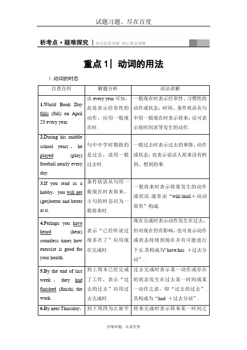 【浙江专版】2019高考英语二轮复习与策略讲练 专题4 语法填空 重点1 动词的用法 含解析