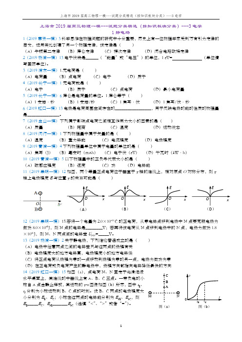 上海市2019届高三物理一模---试题分类精选--3电学部分---试题版