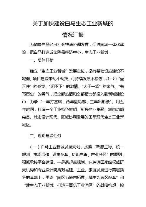 关于加快建设白马生态工业新城的情况汇报