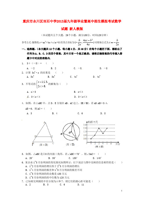 重庆市永川区双石中学九年级数学毕业暨高中招生模拟考试试题 新人教版